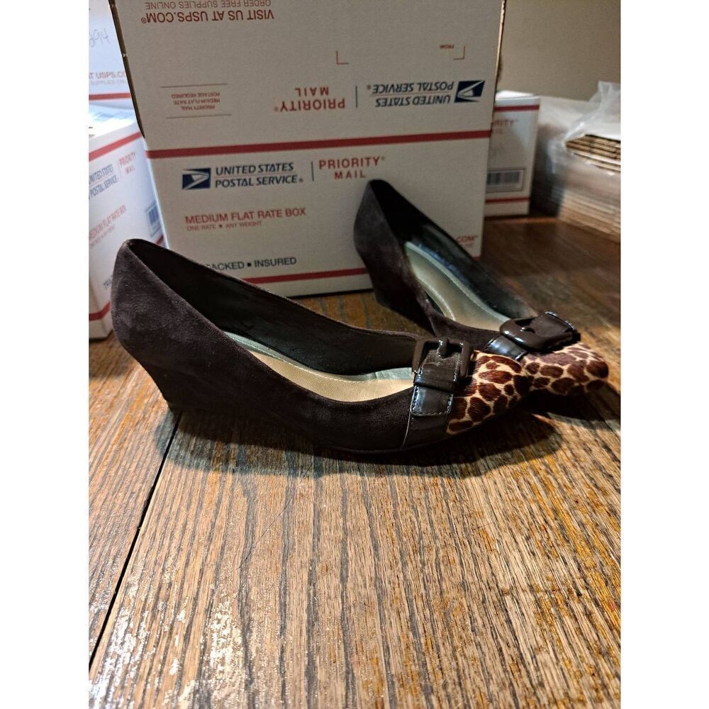 6.5M Alex Marie Brown Ran Round Toe Slip On Animal Print Low Wedge Heel Shoes
